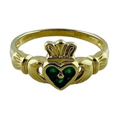 Vintage 14K Yellow Gold Natural Emerald Claddagh Ring Size 8 #15678