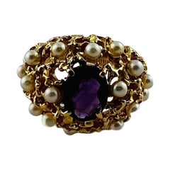 14K Yellow Gold Oval Amethyst and Pearl Dome Ring Size 6.75 #15677