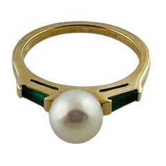 Anello in oro giallo 14K con perla coltivata e smeraldo creato in laboratorio, misura 5 #15676