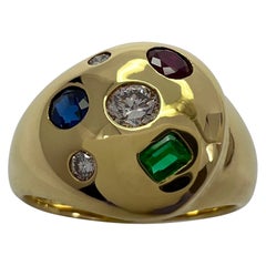 Fine Natural Ruby Sapphire Emerald And Diamond 18k Yellow Gold Dome Signet Ring
