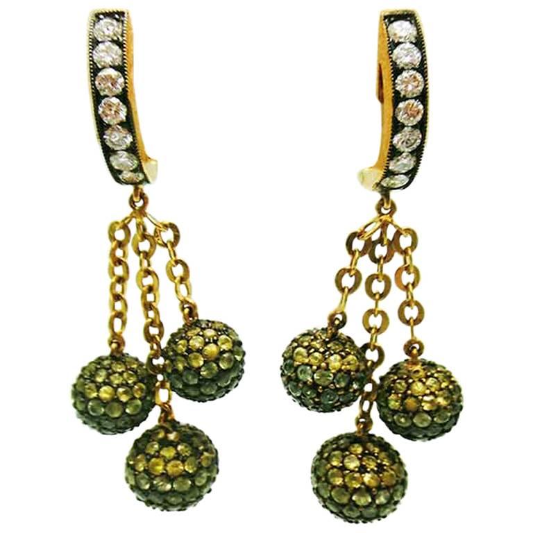 18K White gold Three Balls Earrings with Green, Yellow Sapphire and Diamond