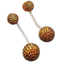 Yellow Sapphire Orange Sapphire Diamond Gold Two Balls Earrings 12
