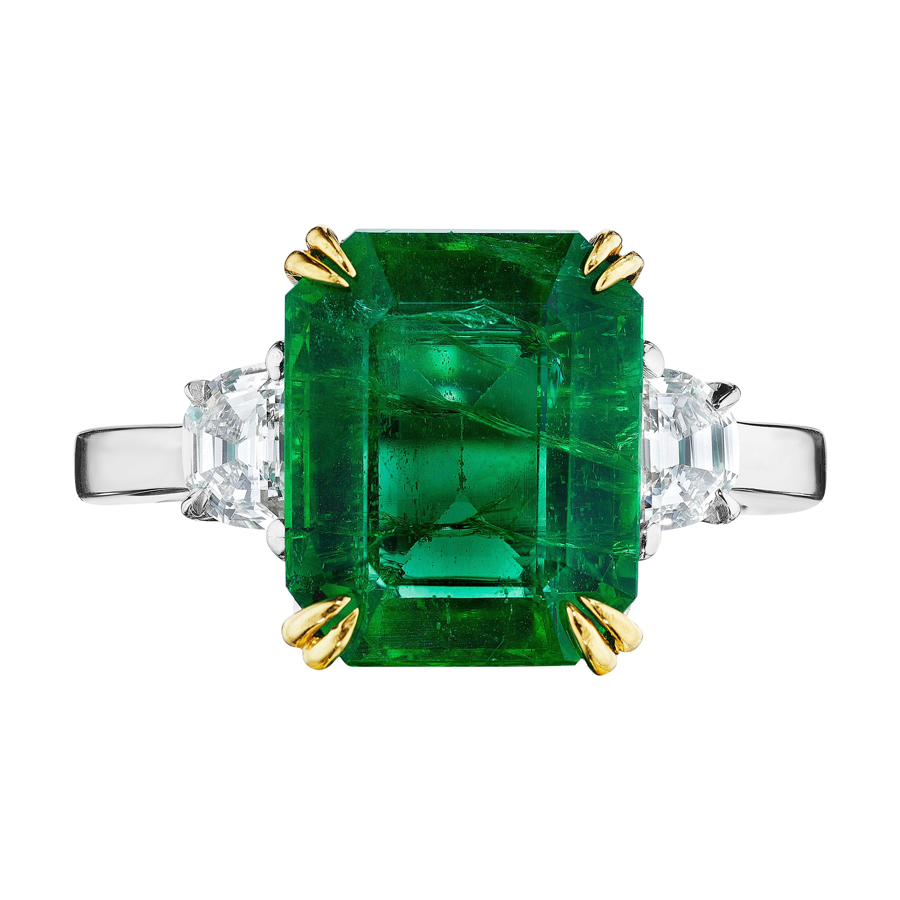 4.99ct Emerald Cut Zambian Emerald & Halfmoon Diamond Ring For Sale