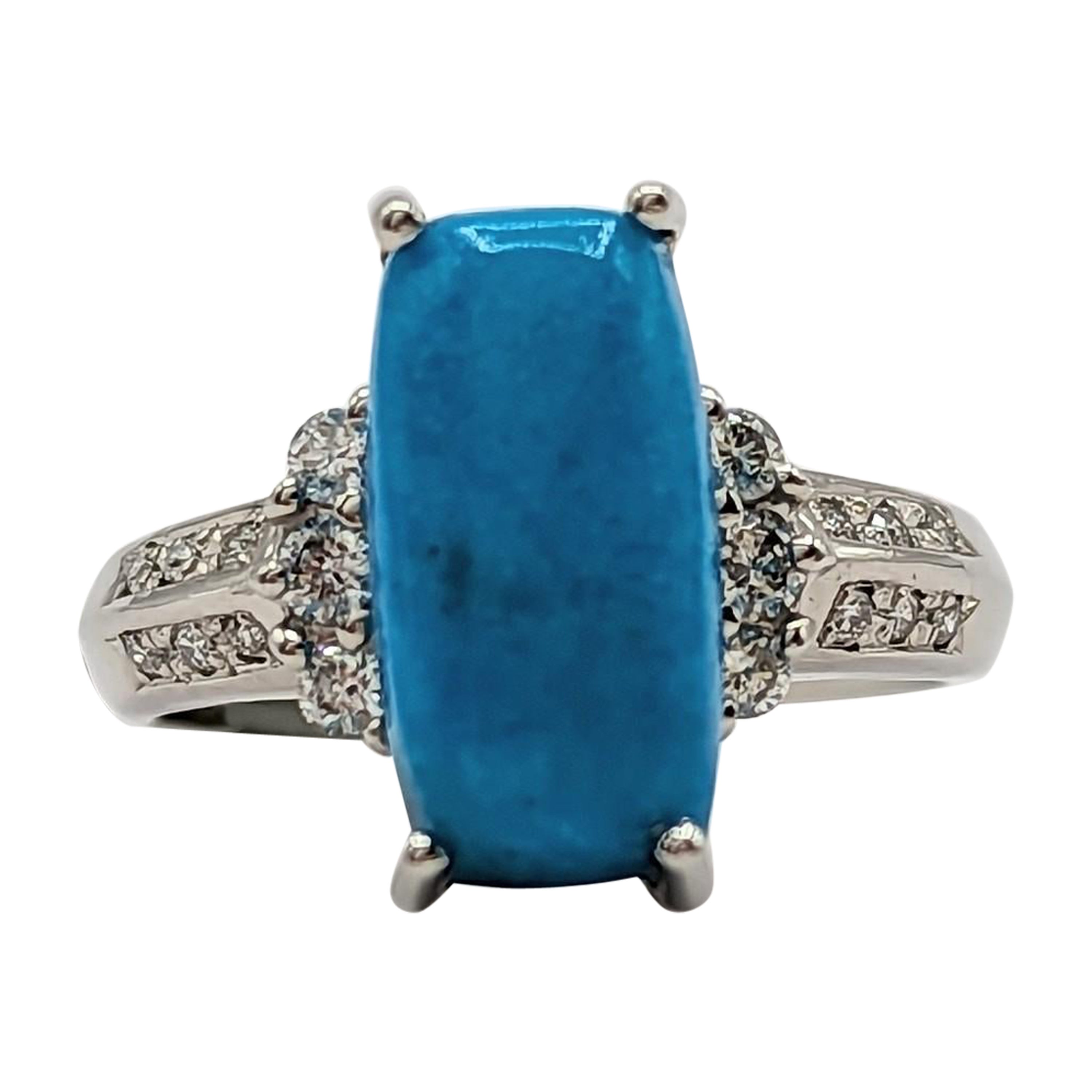 Turquoise Oval Cabochon and White Diamond Ring in Platinum For Sale