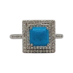 Turquoise Cabochon Square and White Diamond Ring in 14K White Gold