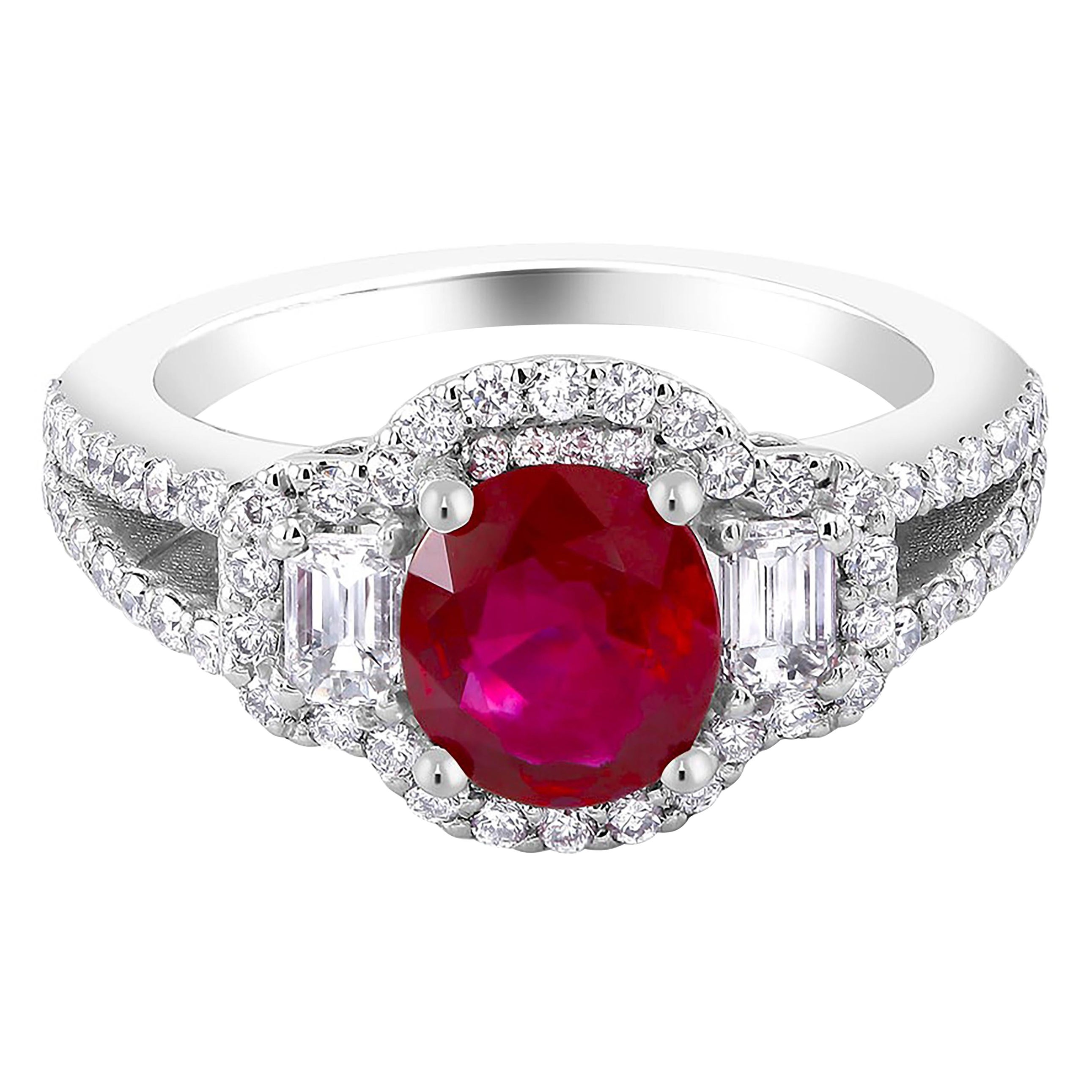 GIA Certified No Heat Myanmar Ruby 1.48 Carat Diamond 1.20 Carat Platinum Ring  For Sale