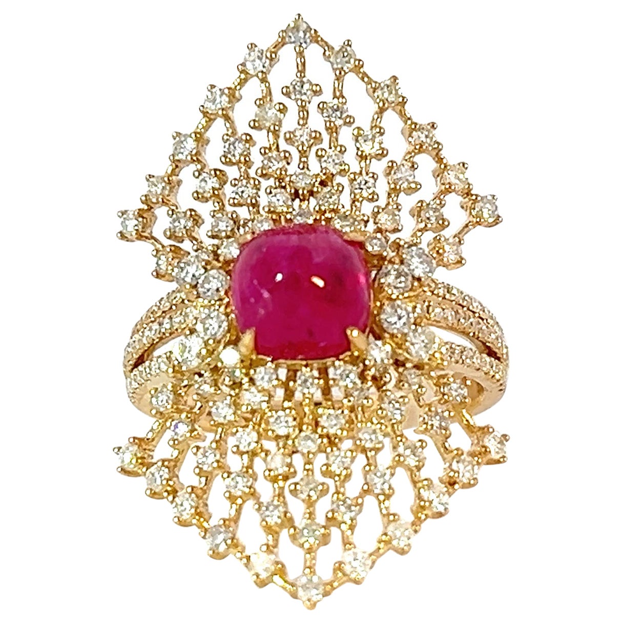 Elegant Firework Natural Cab Vivid Ruby 2.43 ct in 14k 1.17 ct Diamond Band Ring For Sale