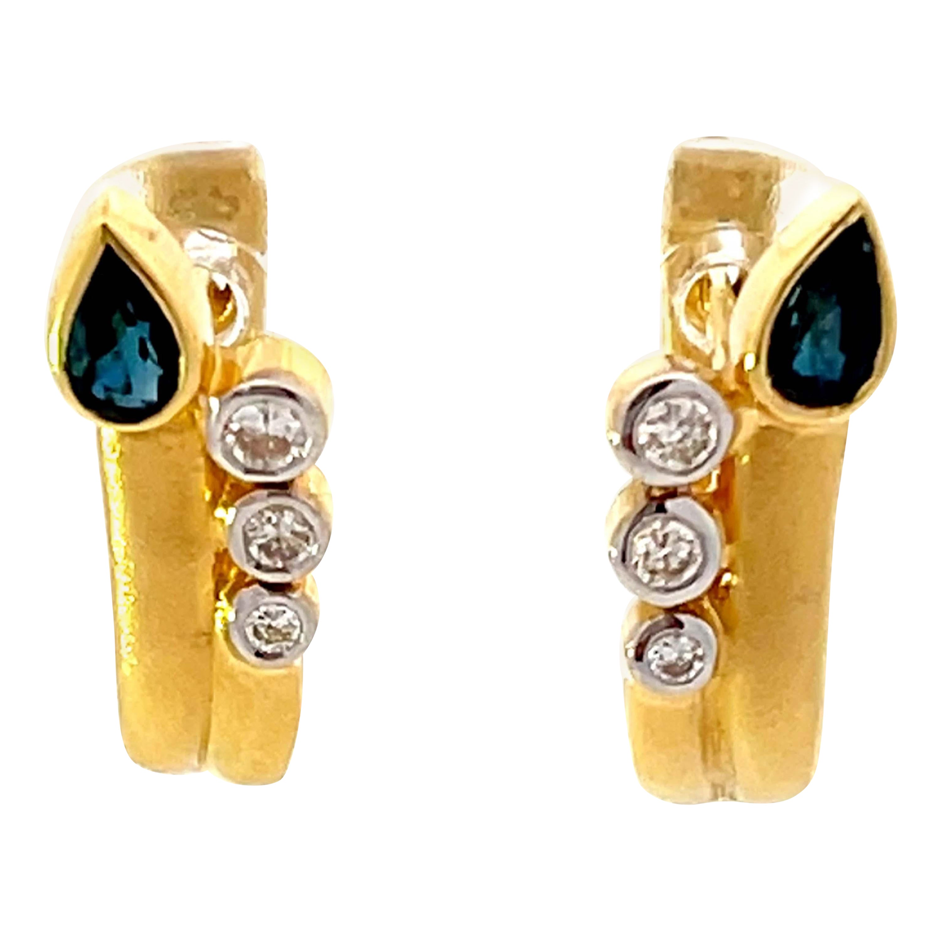 Satin Finish Sapphire and Diamond Earrings 18K Yellow Gold For Sale