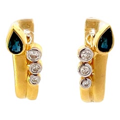 Vintage Satin Finish Sapphire and Diamond Earrings 18K Yellow Gold