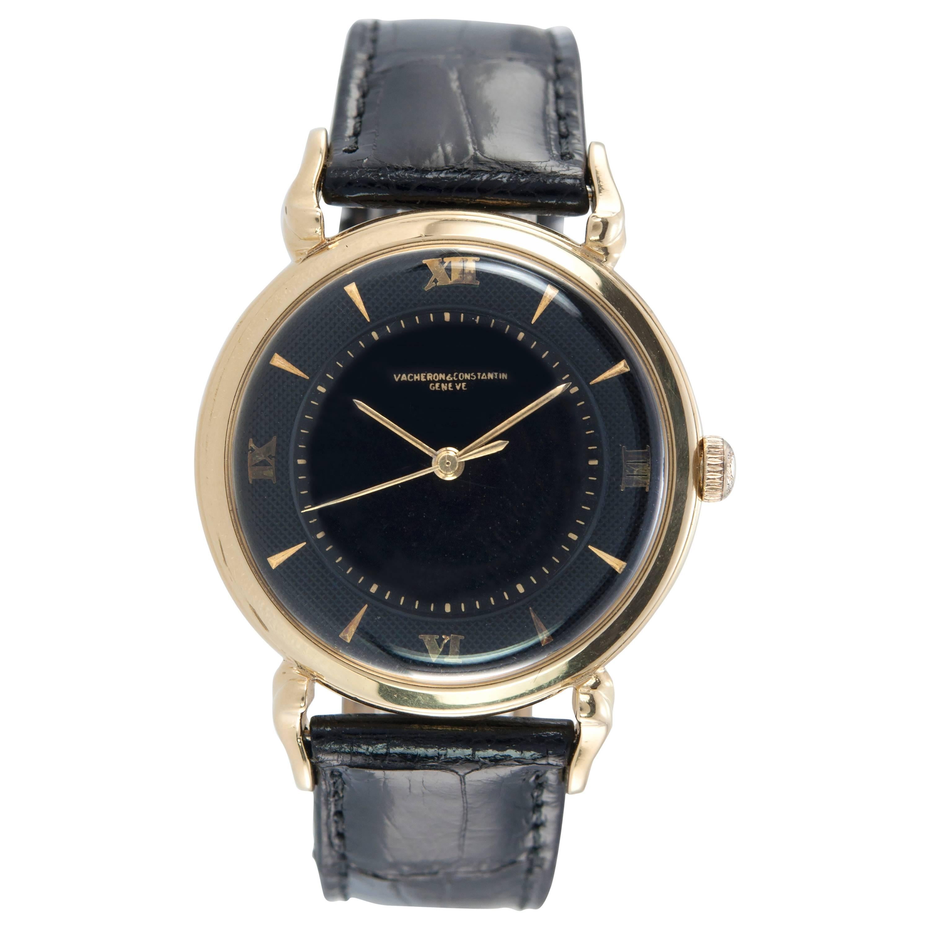 1950s Vacheron & Constantin Black Dial Gold Wristwatch For Sale
