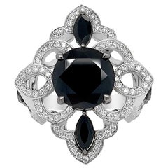 3.72 Carat Black Spinel and Diamond Ring in 18k White Gold 