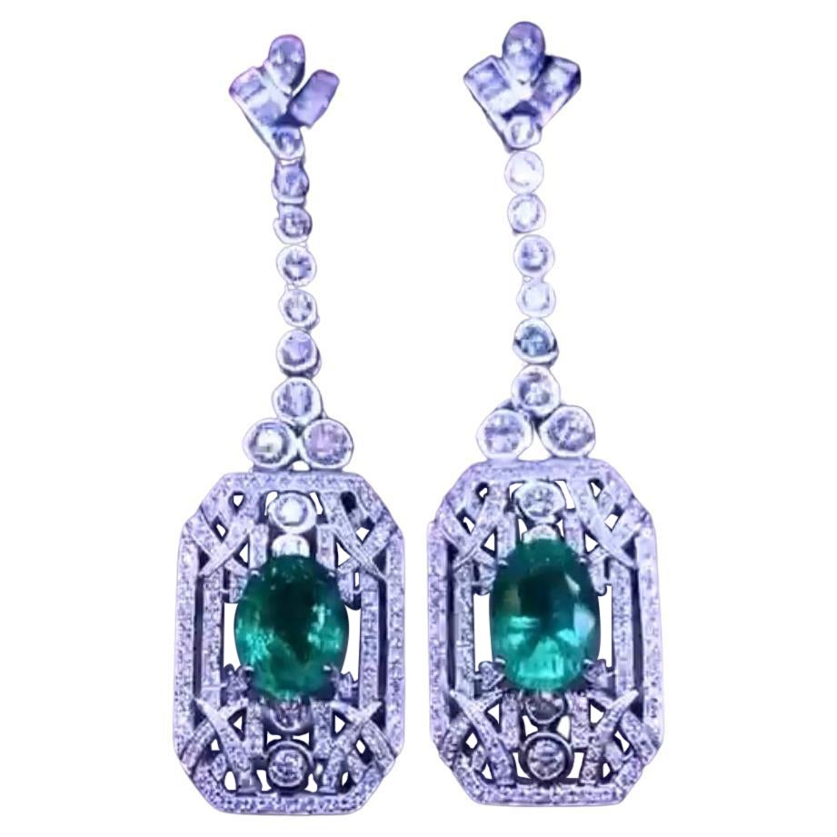 AIG Certified 6.17 Ct Zambian Emeralds Diamonds 3.23 Ct 18k Gold Earrings  For Sale