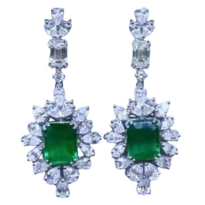 AIG Certified 4.50 Carats Diamonds. 3.64 Ct Zambian Emeralds 18K Gold Earrings  For Sale