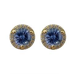 1.29ct Light Blue Ceylon Sapphire Diamond 18k Yellow Gold Halo Stud Earrings