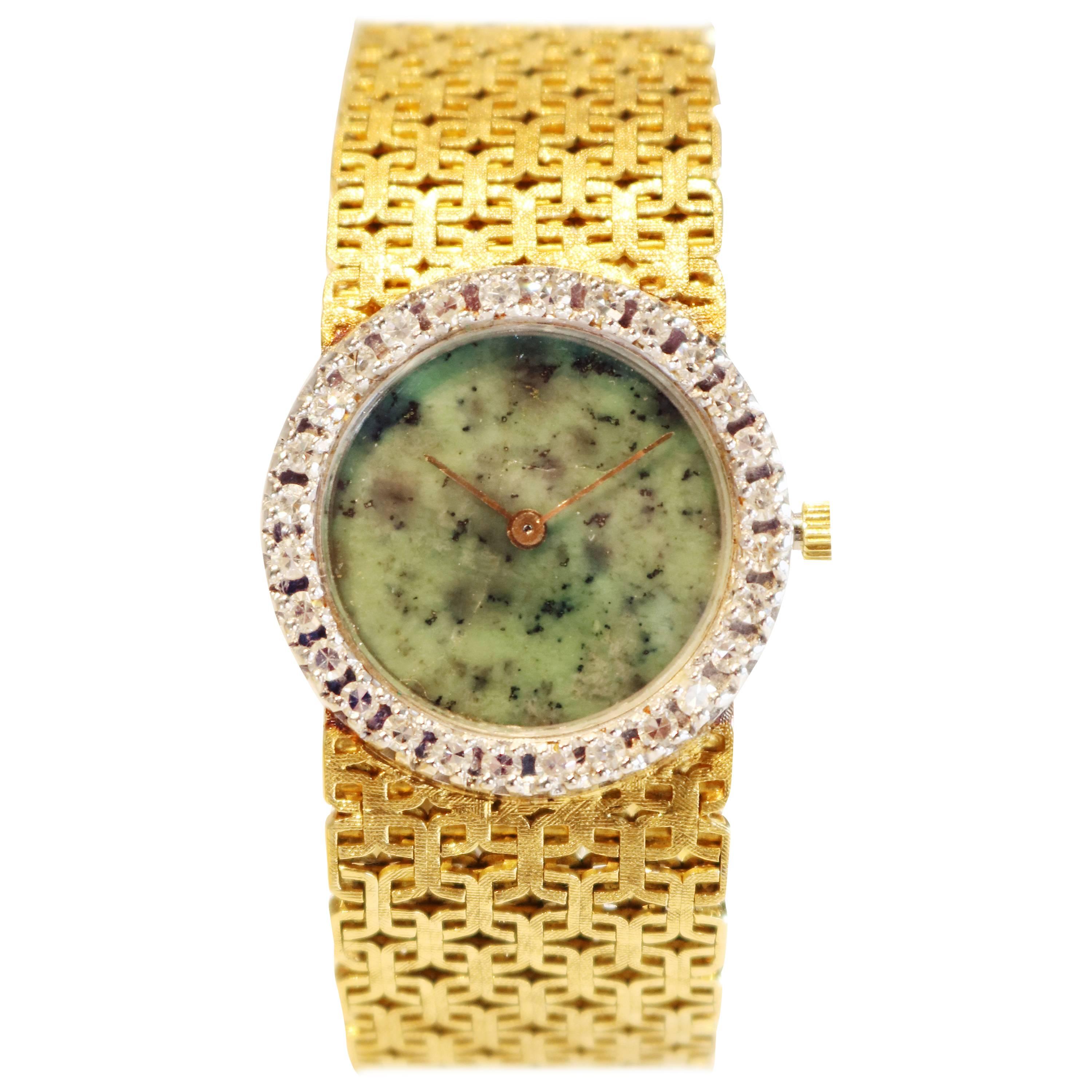 1970's Ebel Watch with Jade Dial and Diamond Bezel on a gold bracelet. For Sale