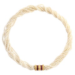 Retro Ruby 18K Yellow Gold Pearl Necklace
