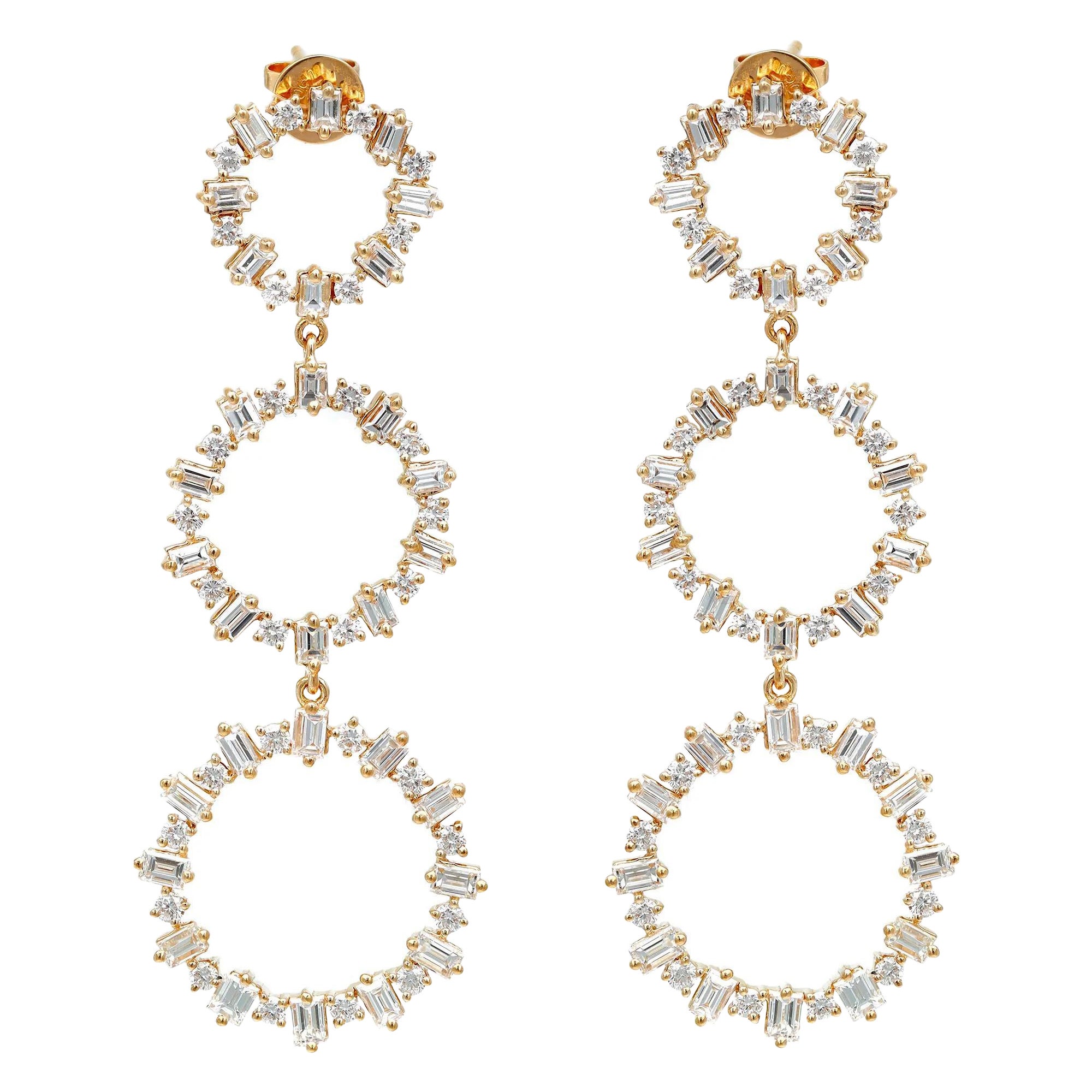 Baguette & Round Cut Diamond Dangle Drop Earrings 18K Yellow Gold 4.58Cttw  For Sale