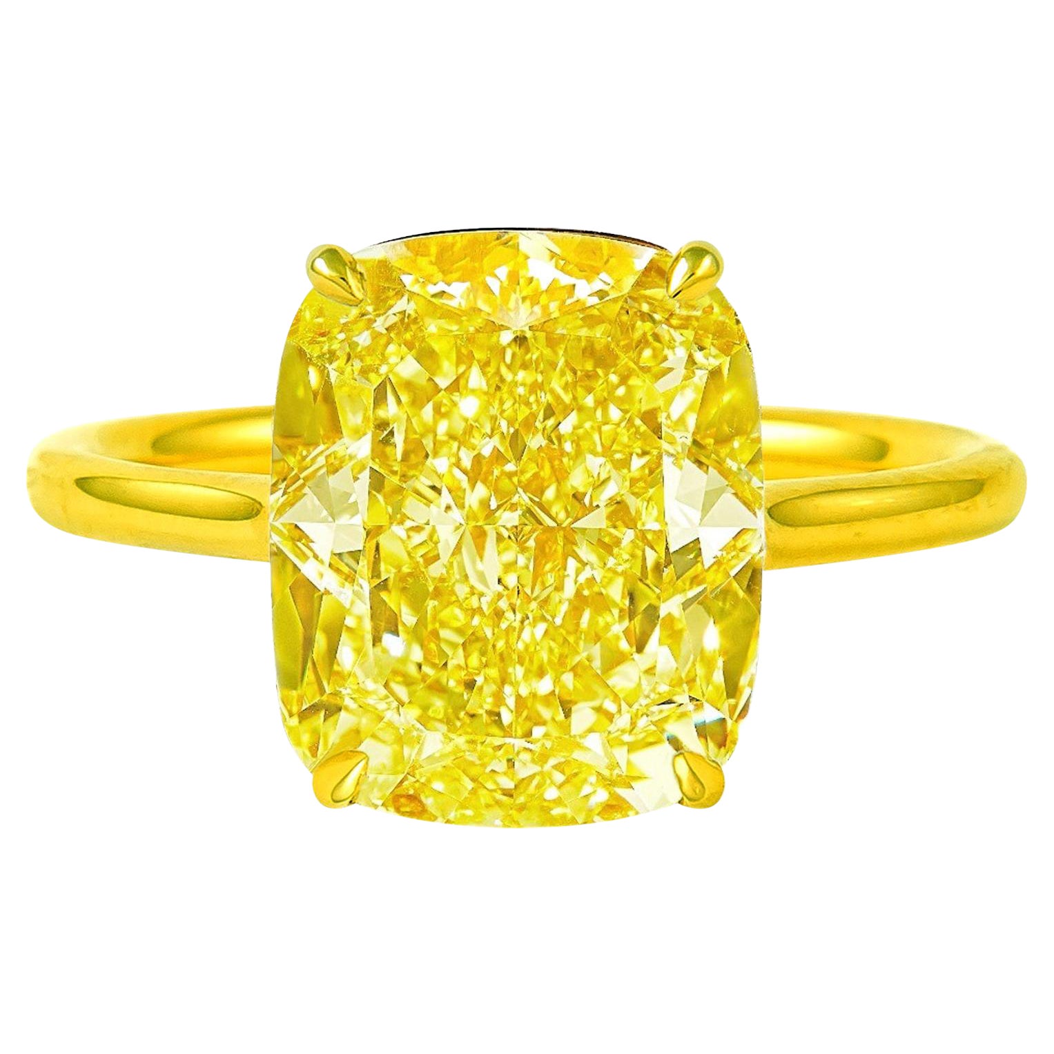 GIA Certified Fancy VIVID Yellow 5 Carat Cushion Cut 18k Yellow gold ring For Sale