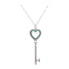 Vintage Tiffany & Co. Sterling Silver Heart Key Enamel Pendant Necklace 30" L
