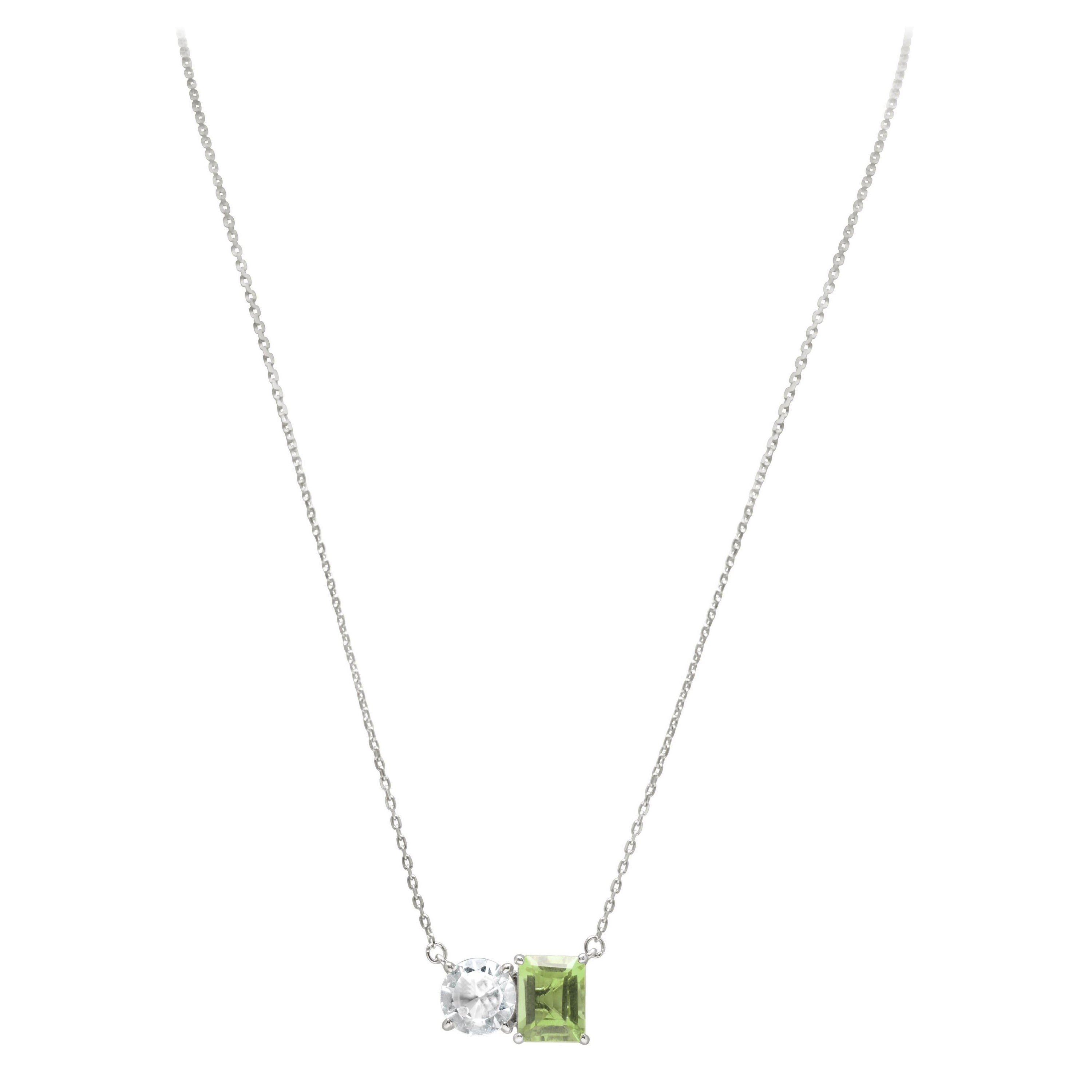 Suzy Levian Sterling Silver White Topaz & Green Amethyst Two Stone Necklace For Sale