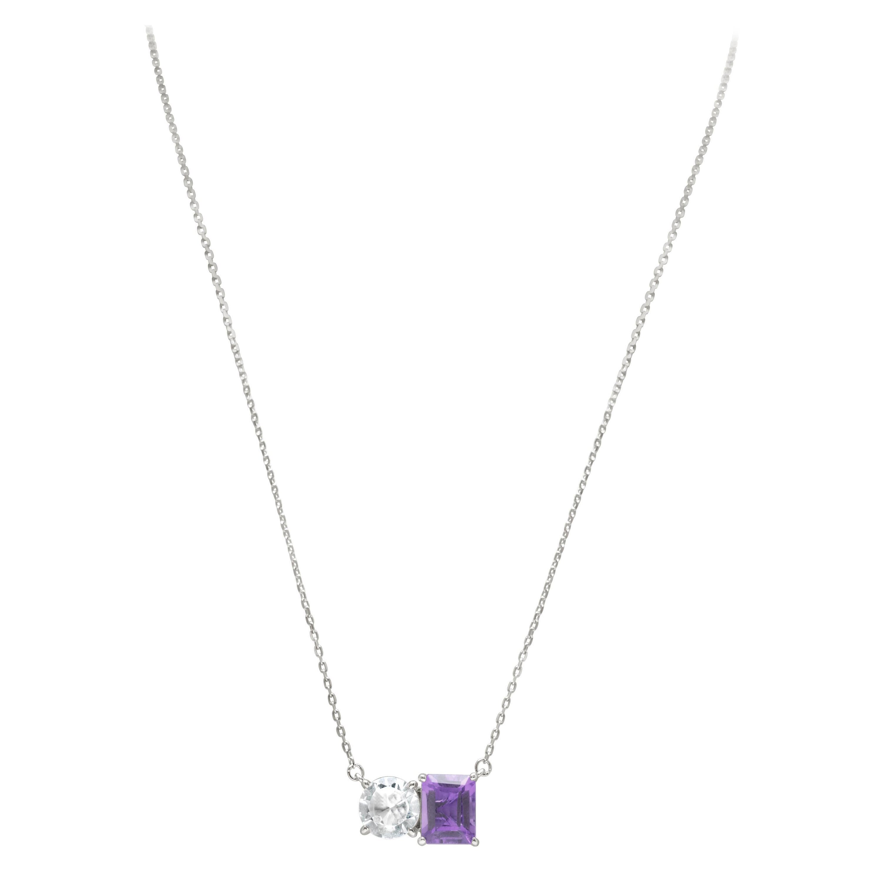 Collier à deux pierres en argent sterling de Suzy Levian avec topaze blanche et améthyste violette en vente