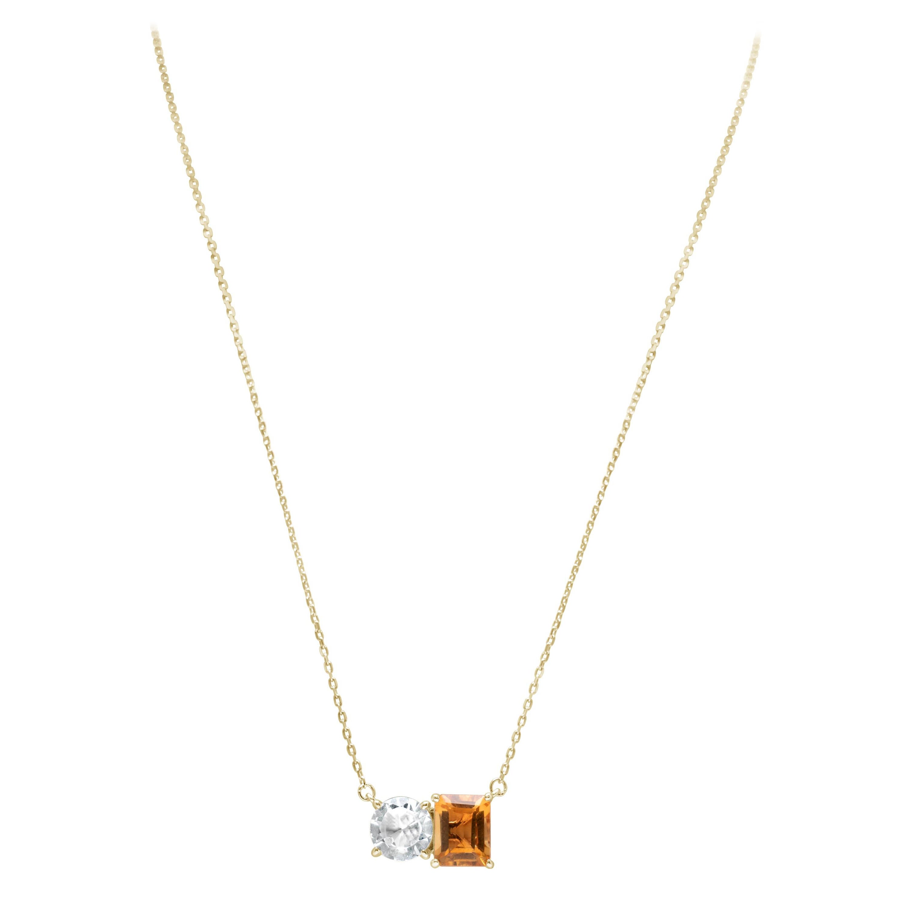 Suzy Levian Yellow Sterling Silver White Topaz Orange Citrine Two Stone Necklace For Sale