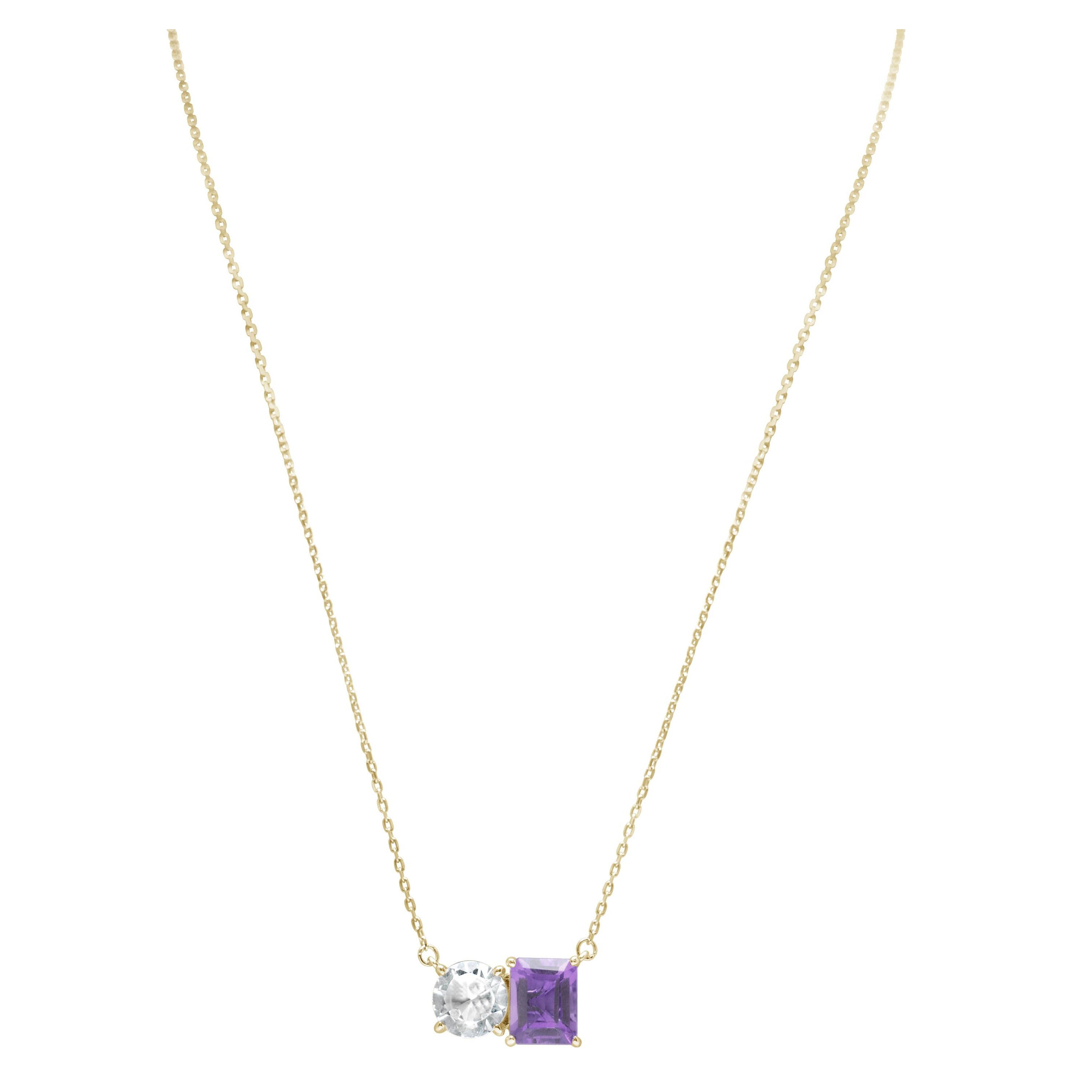 Suzy Levian Yellow Sterling Silver White Topaz & Purple Amethyst Two Stone Neckl For Sale