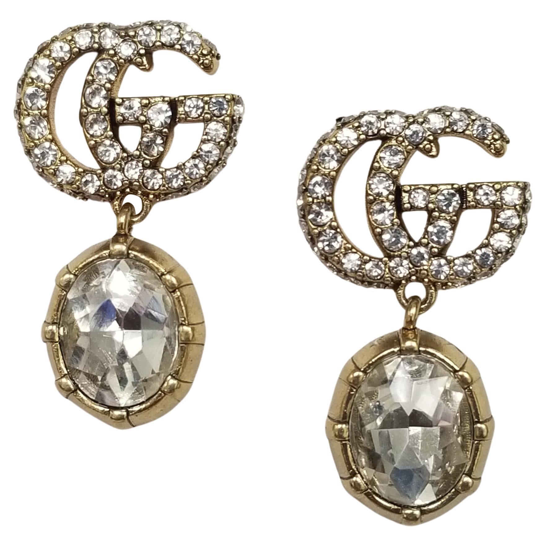 Gucci "GG" Logo in Crystals with Dangling White Faceted Crystal Earrings For Sale