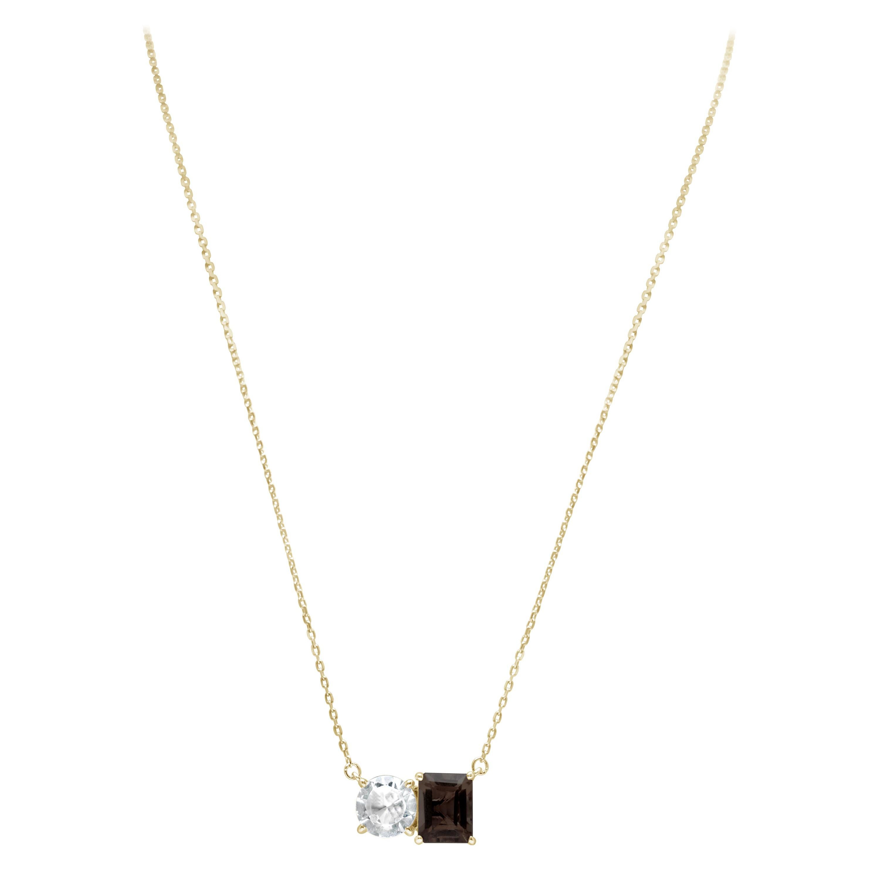Suzy Levian Yellow Sterling Silver White Topaz & Smoky Quartz Two Stone Necklace For Sale