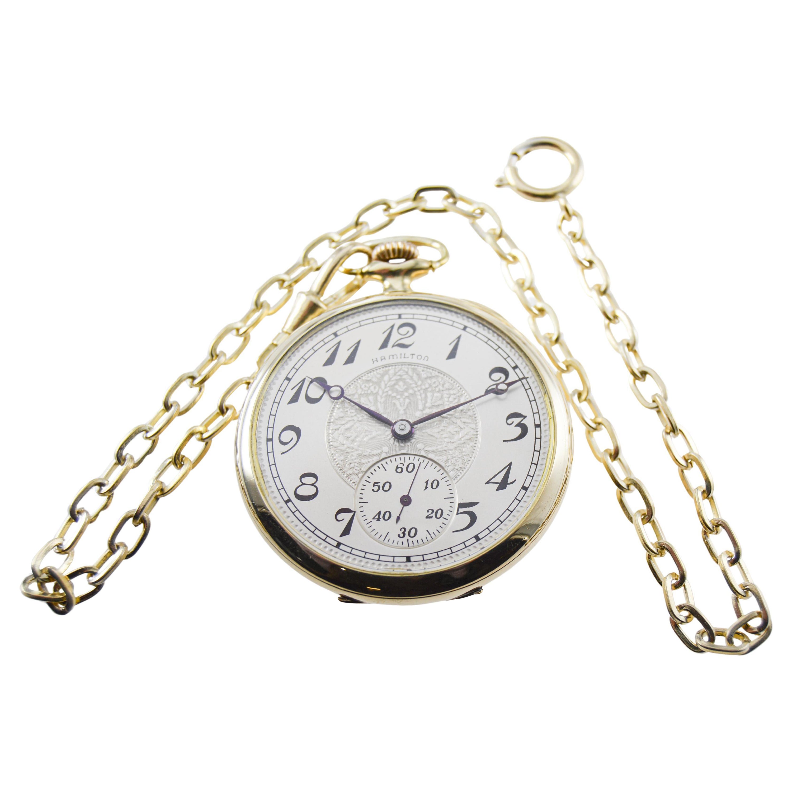 Hamilton Yellow Gold Filled Open Faced Enamel Dial Railroad Pocket Watch, 1940s For Sale