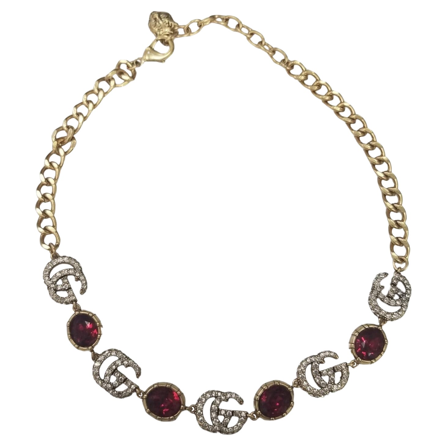 Gucci GG Logo in Crystals with Dangling Red Faceted Crystal Necklace For  Sale at 1stDibs