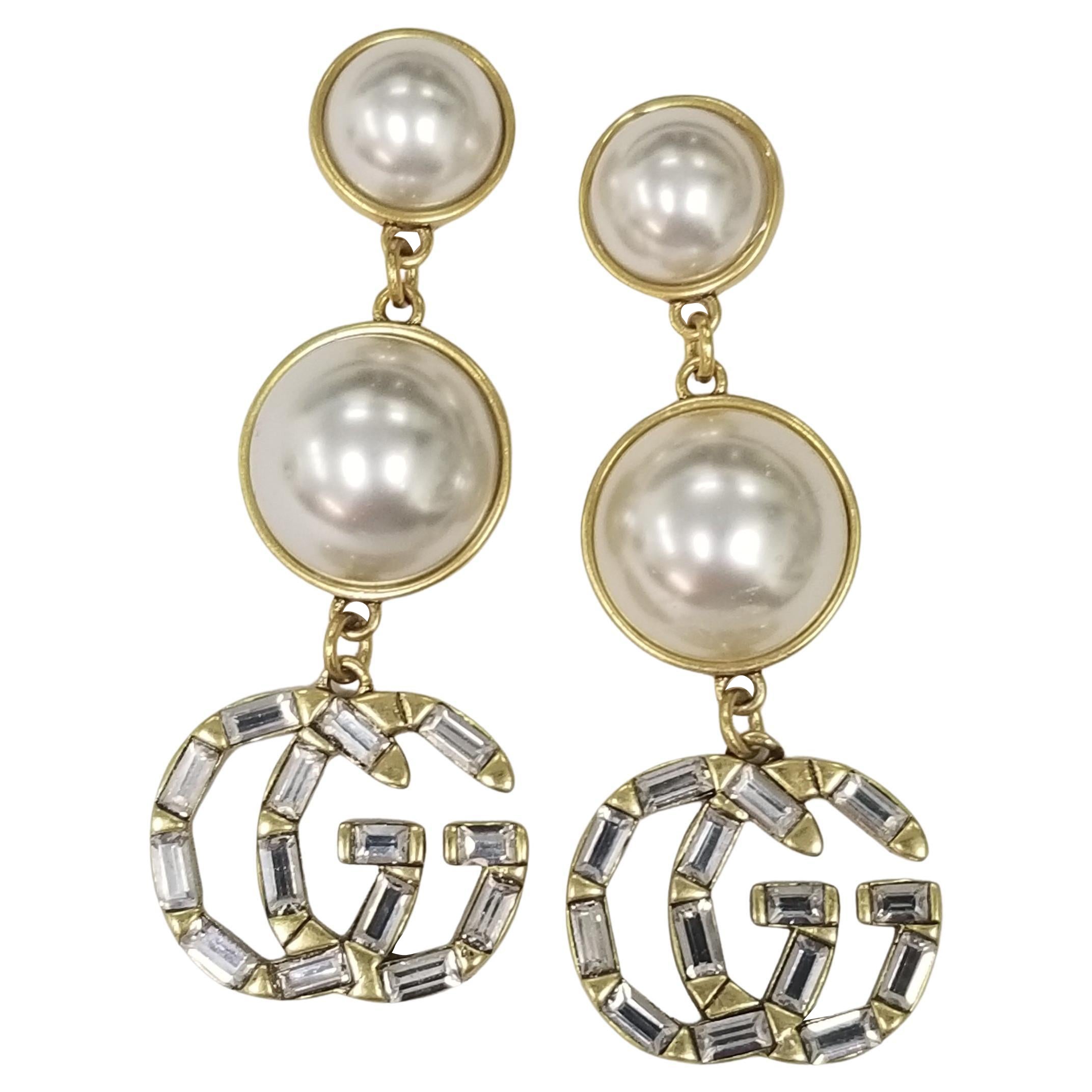 Gucci Double G in Crystal Baguette and Faux Pearl Earrings For Sale