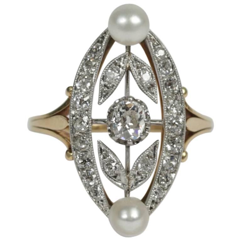 1910s Diamond Pearl Gold Platinum Marquise Ring For Sale