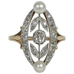 1910s Diamond Pearl Gold Platinum Marquise Ring