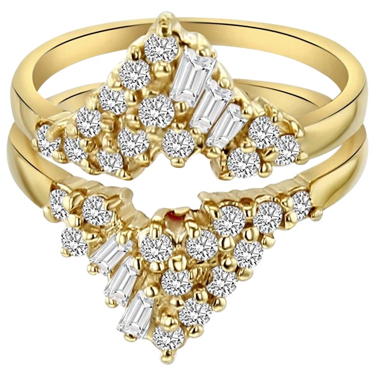 Double V Baguette Diamond Ring Guard .75cttw 14k Yellow Gold For Sale