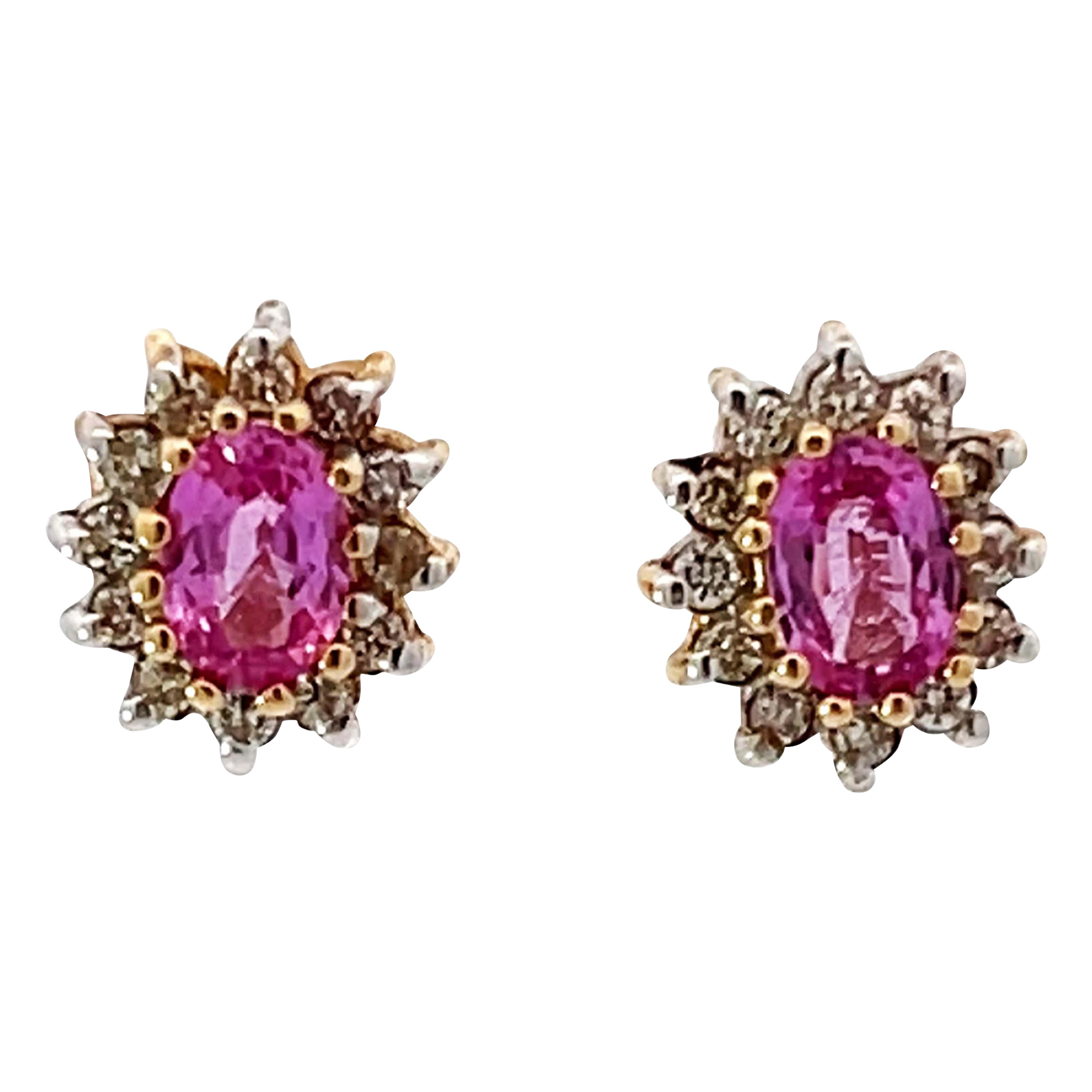 Pink Sapphire Diamond Halo Earrings 14K Gold For Sale