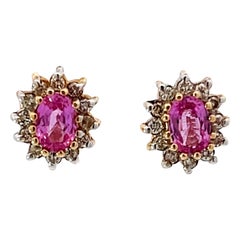 Retro Pink Sapphire Diamond Halo Earrings 14K Gold