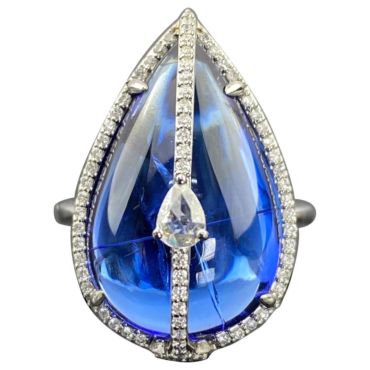 Certified Natural Pear Shaped Cabochon Tanzanite Ring with VVS Diamond