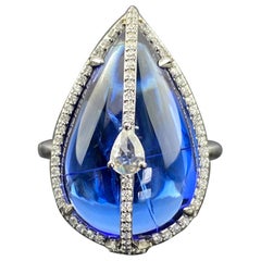 Certified Natural Pear Shaped Cabochon Tanzanite Ring with VVS Diamond