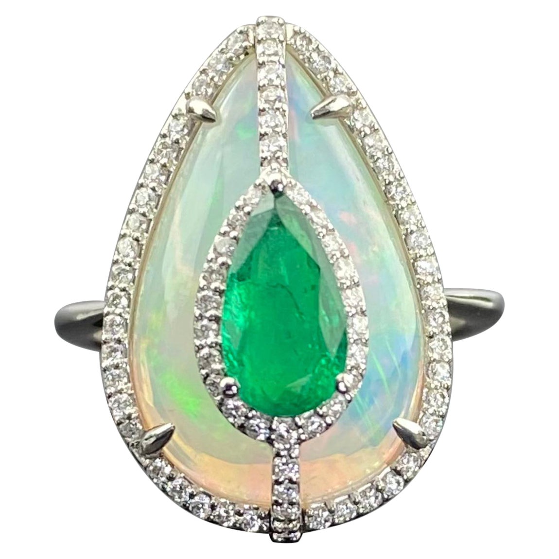 Certified Opal, Emerald and Diamond Cocktail Ring For Sale