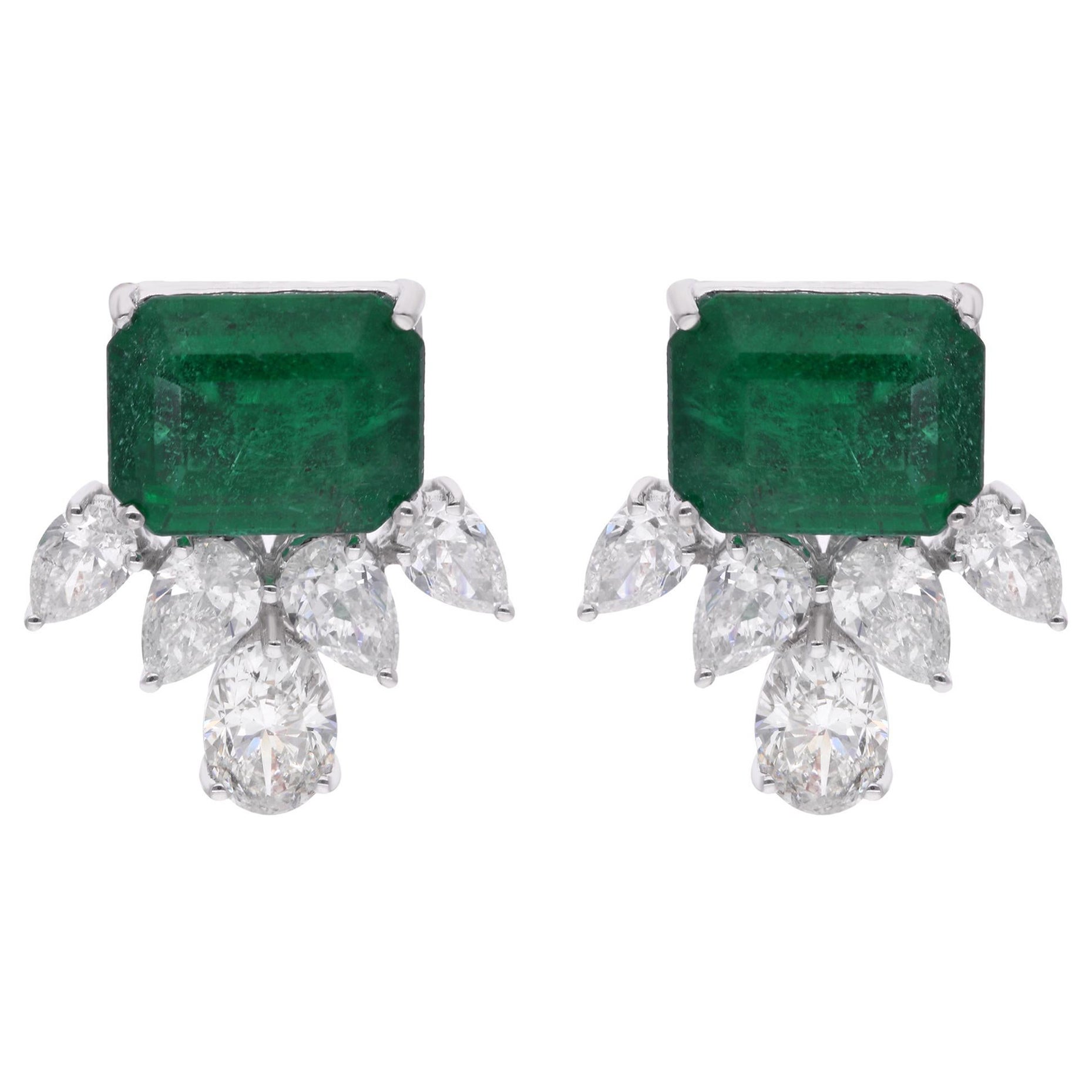 Zambian Emerald Gemstone Stud Earrings Pear & Oval Diamond 18 Karat White Gold