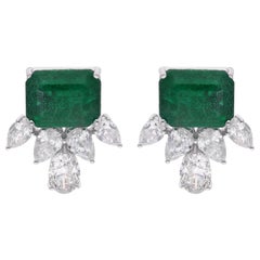 Zambian Emerald Gemstone Stud Earrings Pear & Oval Diamond 18 Karat White Gold