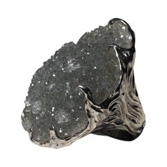 Large bague en cristal de roche Argent cristaux de Druse bruts Gris Seigneur des Anneaux