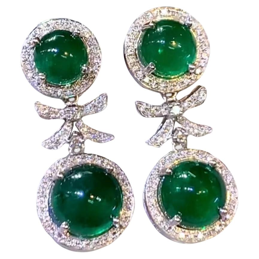 AIG Certified 13.18 Carats Zambian Emeralds Diamonds 18K Gold Earrings  For Sale