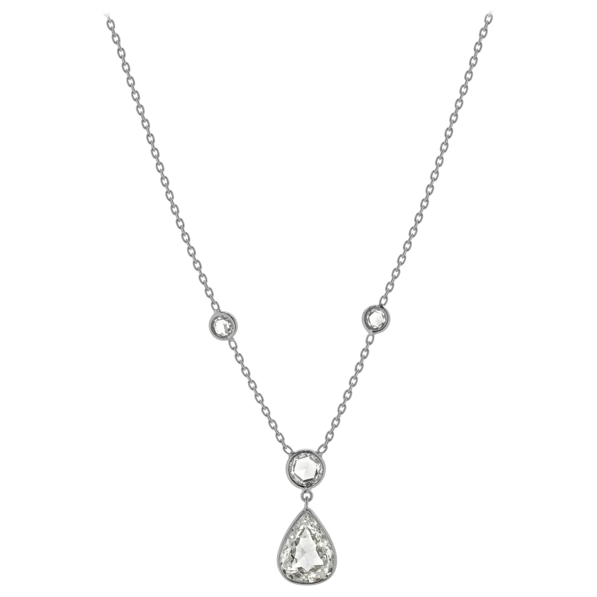 Platinum Pear and Rose Cut Diamond Drop Necklace For Sale