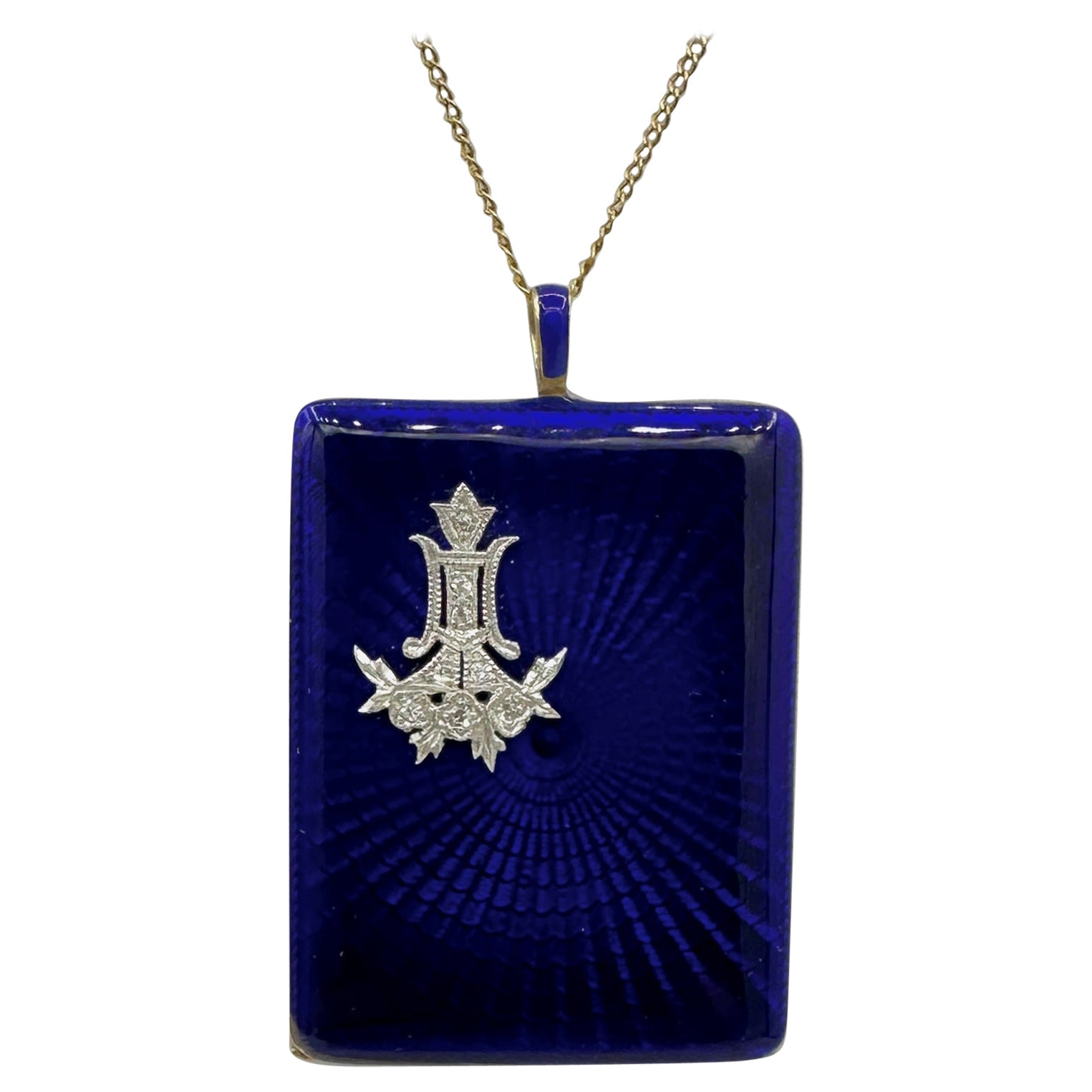 GIA Art Deco Diamond Platinum Enamel Locket Pendant Blue Guilloche 14 Karat Gold For Sale
