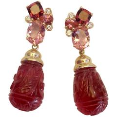 Rhodolite Garnet Pink Tourmaline Carved Pink Topaz Diamond Dangle Drop Earrings