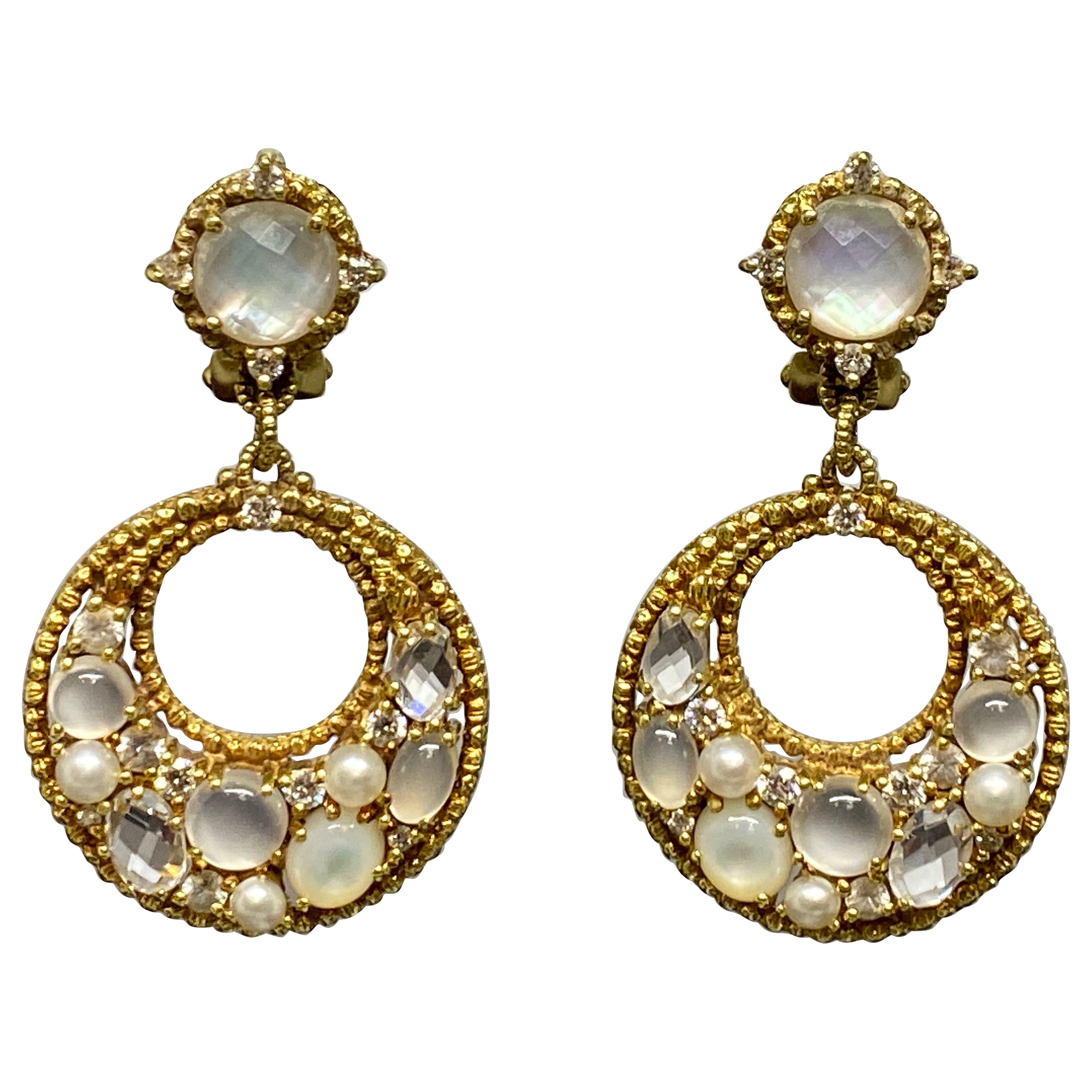 Judith Ripka 18k Yellow Gold Diamond, Moonstone & Gemstone Dangle Earrings For Sale