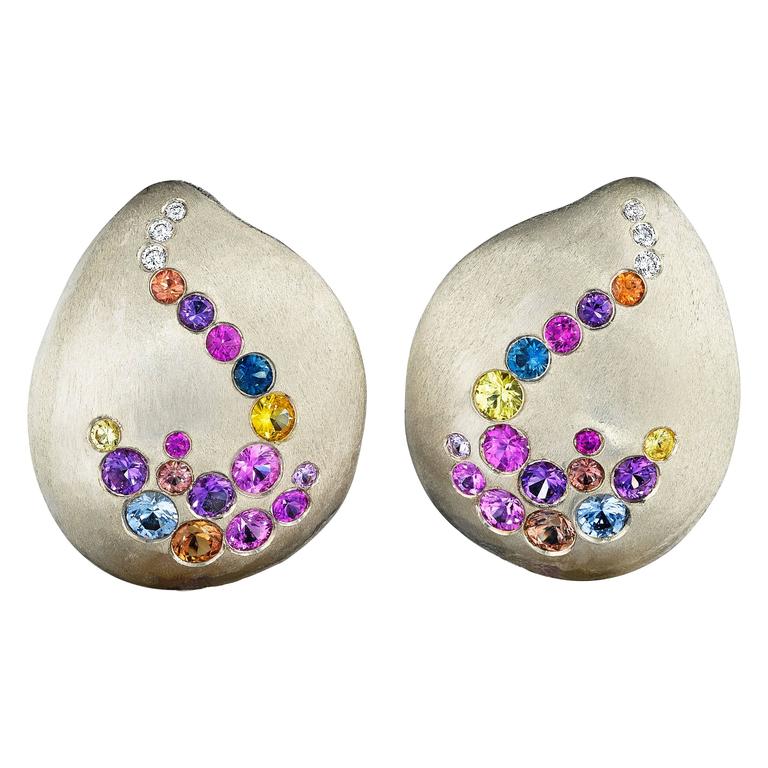 Naomi Sarna Petal Diamond Sapphire Gold Earrings For Sale