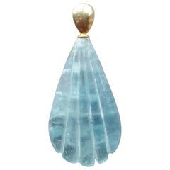 14k Solid Yellow Gold Bail Engraved Pear Shape Natural Aquamarine Pendant